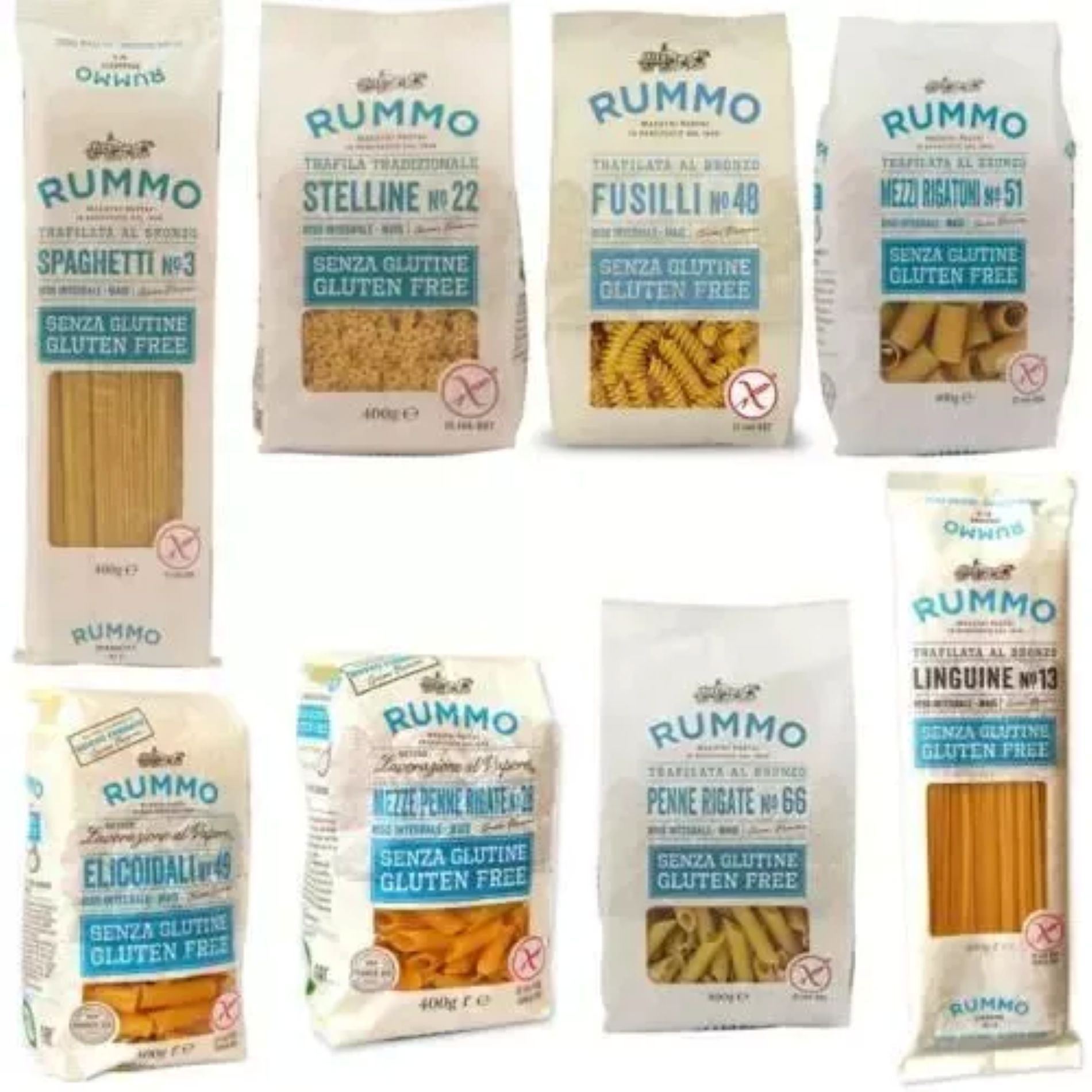 a picture of pasta rummo senza glutine pacco da 16 pezzi in vari formati